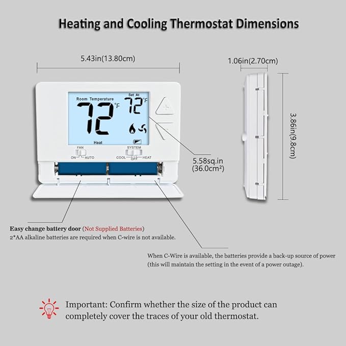 NonProgrammable Thermostat for Home,Single-Stage Systems,Digital Energy-Saving Thermostat,1 Heat/1 Cool, Easy DIY Install, White Backlight
