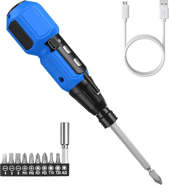 ORIA Cordless Electric Screwdriver Set, Rechargeable Cordless Screwdriver, Mini Electric Repair Tool Kit with 10 Bits, LED Lights, USB Cable, Bits Holder, for PC, Keyboard, Toys, Glasses, Blue