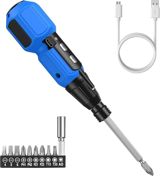ORIA Cordless Electric Screwdriver Set, Rechargeable Cordless Screwdriver, Mini Electric Repair Tool Kit with 10 Bits, LED Lights, USB Cable, Bits Holder, for PC, Keyboard, Toys, Glasses, Blue
