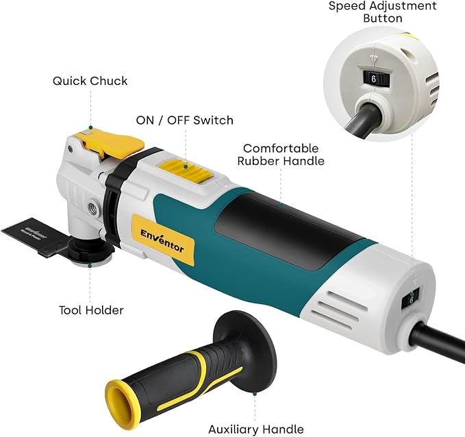 Enventor Multi Tool Saw, Electric Oscillating Saw with 43PCS Accessories, Auxiliary Handle, 15000-22000 OPM, 6 Variable Speeds, 3°Oscillation Angle for Cutting, Scraping, Sanding