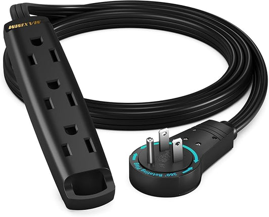 Maximm 360 Degree Rotating Flat Extension Cord 3 Ft Multi 3 Outlet Power Cord with Loop, Grounded 16 AWG UL Certified, Black