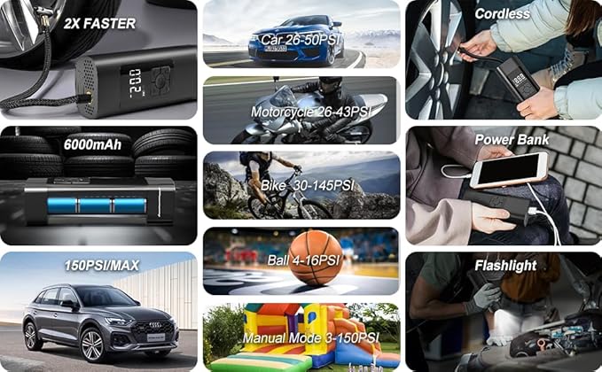 Tire Inflator Portable Air Compressor - Air Pump for Car Tires with Tire Pressure Gauge (120 PSI) - Portable Tire Inflator for Car, Tire Pump for Motorcycle, Bicycle and More