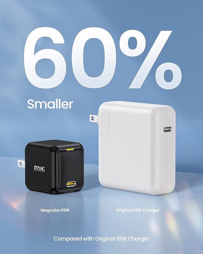 AOHI 65W PD USB C Charger, GaN+ Magcube Fast Wall Charger Power Adapter with 4ft USB C LED Display Cable for Notebook MacBook Pro/Air, Galaxy, for iPhone 15/14/Plus/Pro Max/13/12, Black