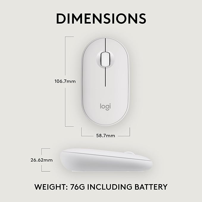 Logitech Pebble Mouse 2 M350s Slim Bluetooth Wireless Mouse, Portable, Lightweight, Customizable Button, Quiet Clicks, Easy-Switch for Windows, macOS, iPadOS, Android, Chrome OS - Tonal White