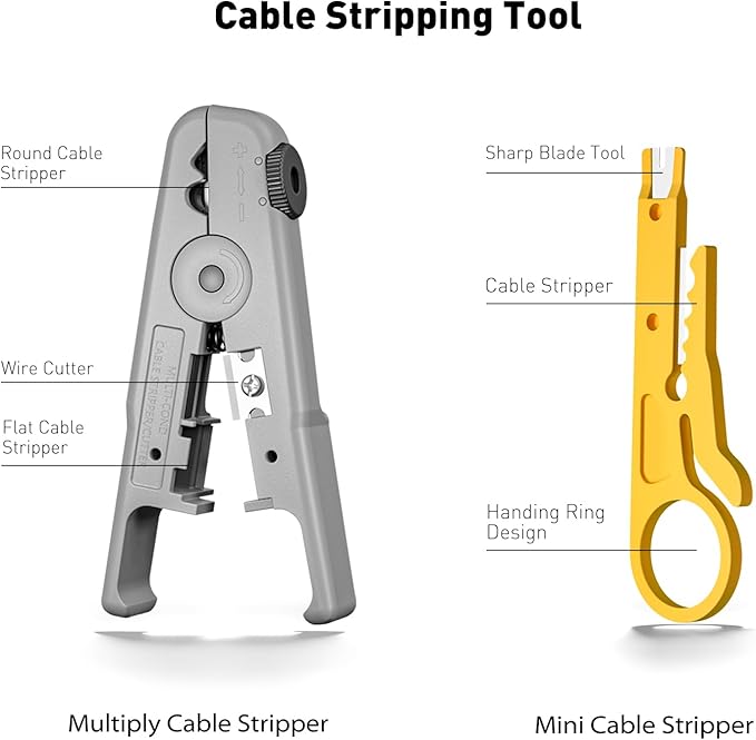 Cat7 RJ45 Crimping Tool, Cat 7 Cat6 Cat5 Pass Through Ethernet Crimping Tool Kit, Network Crimping Tool With Cable Tester, Multiply Stripper, Blades,50Pcs Cat 6 Connectors and Strain Relief Boots
