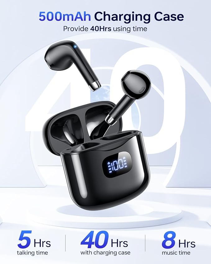 Wireless Earbuds Bluetooth 5.3 Headphones, 40Hrs Playback Stereo Ear Buds with LED Display Charging Case IPX7 Waterproof in-Ear Earphones with Mic for Phone Tablet Laptop Sports, Glossy Black