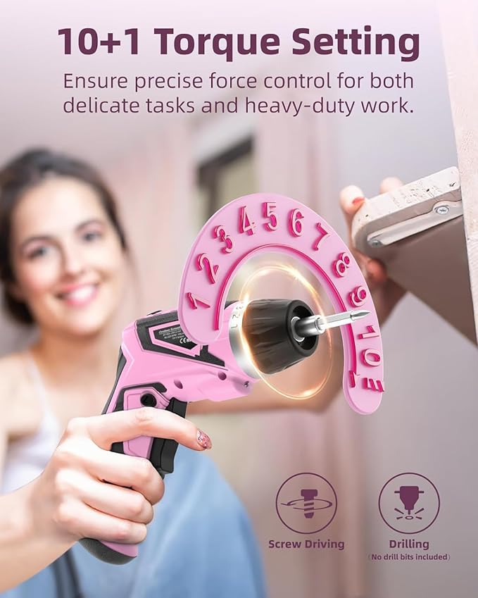 Cordless Electric Screwdriver Set, 8V 10Nm Rechargeable Power Electric Drill, Battery Screw Gun with Driver Bit, 320RPM/10+1 Torque, 2 Position Handle, Flexible Shaft LED Light (Pink, 39Pcs)