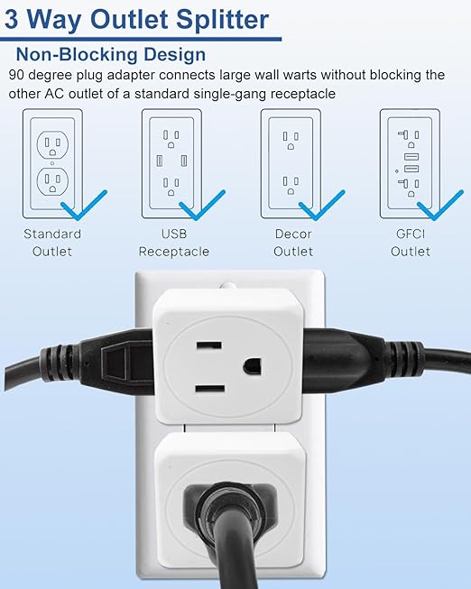 Multi Plug Outlets Extender 3 Pack Electrical Wall Splitter 3 Outlet- 3 Way Square Wall Outlet Adapter, Compact Space-Saving Design for Cruise Ship, Home Office, Dorm Room, Travel Essentials, White