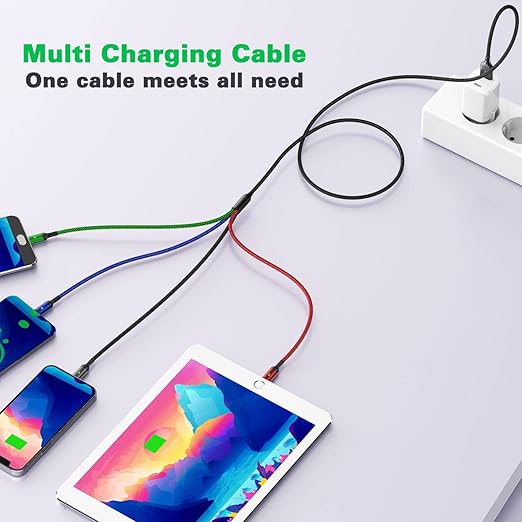 Multi Charging Cable 4A,5Ft/ 2Pack 4 in 1 Charger Cable,Braided Multiple USB Cable Universal USB C Charging Cord with Lightning/Type C/Micro USB Port for iPhone 17/16/15/14/13/Samsung Series/PS & More