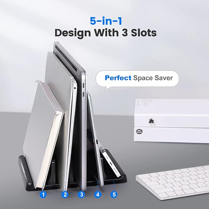 3-Slot Vertical Laptop Stand Holder,Adjustable ABS Plastic Desktop Notebook Dock,Vertical Laptop Stand Space-Saving for All MacBook/Surface/Samsung/HP/Dell/Chrome Book
