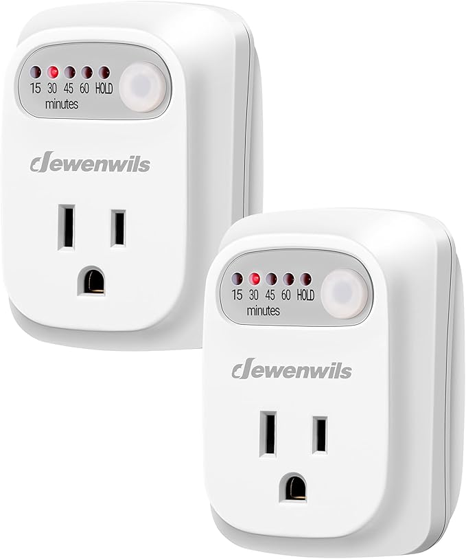 DEWENWILS Indoor Countdown Timer Outlet, 15/30/45/60min Settings, Auto Shut Off Safety Outlet for Lights, Seasonal Decor, Coffee Pot, 125V/15A Resistive/1000W Tungsten, 3 Prong, 1/3 HP, 2 Pack
