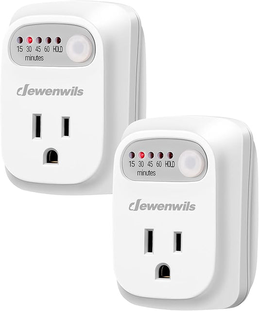 DEWENWILS Indoor Countdown Timer Outlet, 15/30/45/60min Settings, Auto Shut Off Safety Outlet for Lights, Seasonal Decor, Coffee Pot, 125V/15A Resistive/1000W Tungsten, 3 Prong, 1/3 HP, 2 Pack