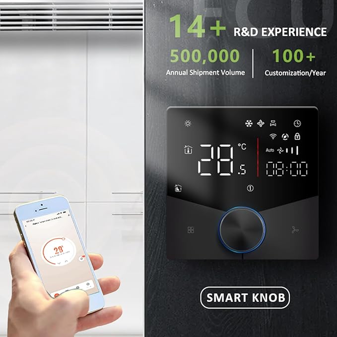 Central AC Thermostat Smart Energy Saving Control LED Panel Touch Key Thin Wall Mount Cool Lighting Effect WiFi Air Conditioner Thermostat for Home (Black)