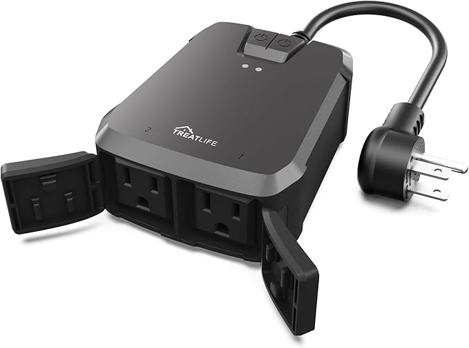 TREATLIFE Outdoor Smart Plug with 2 Individual Control Outlets, IP64 Weather Resistance, Smart Home Outlet Timer Compatible with Alexa, Google Home and SmartThings, 2.4GHz WiFi Only, No Hub Required