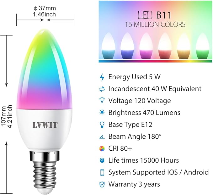 LVWIT Smart Light Bulb, B11 Smart Candelabra LED Bulb, E12 Base WiFi Chandelier Light Bulb, Color Changing, Dimmable, Compatible with Alexa Home Amazon Echo, No Hub Required, 470 Lumen 4.9W 4 Pack