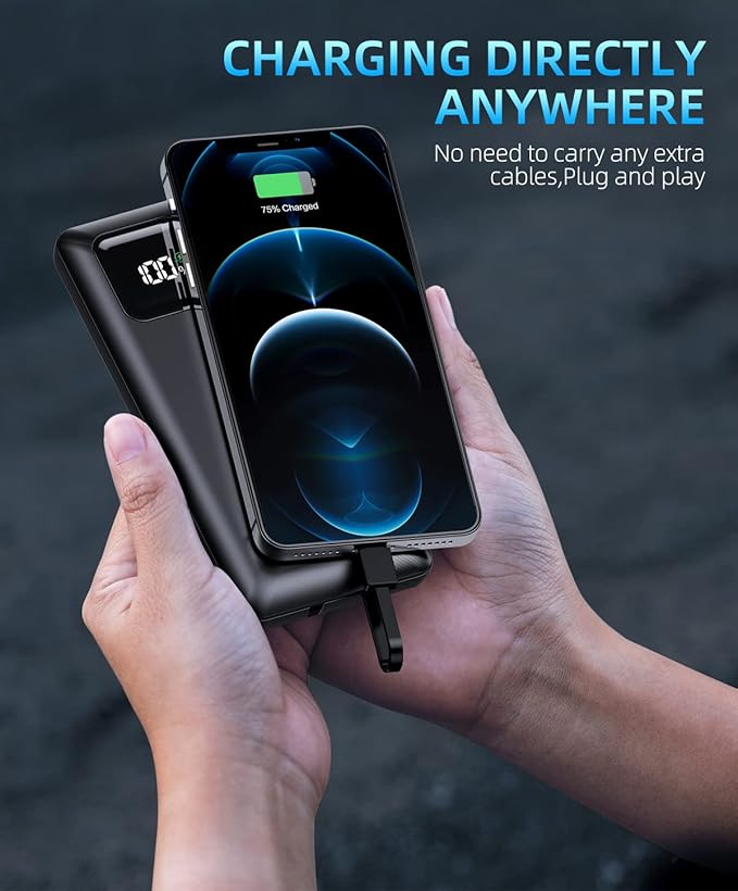 Power-Bank-Portable-Charger - 16000mAh Power Bank Support PD 30W and QC4.0 Fast Charger with Built-in 2 Output Cable and LED Display for iPhone and Android Phones and Most Electronic Devices