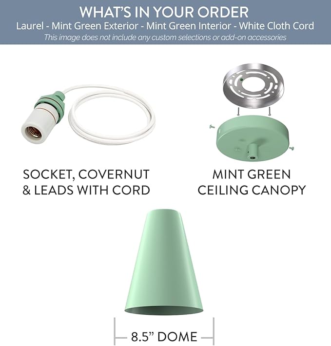 Steel Lighting Co. Laurel Pendant Light | Ceiling Mounted | 8.5 inch Cone Shade | Modern Contemporary Farmhouse Style Made in America | White Cloth Cord | Mint Green Exterior/Mint Green Interior