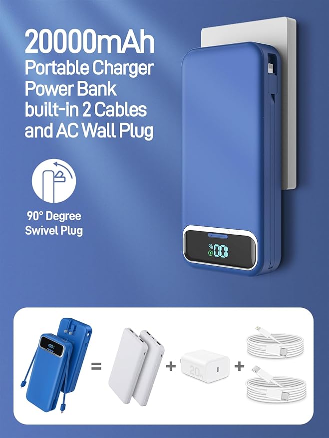 Portable Charger Power Bank with Built in Cables and AC Wall Plug,PD20W&SCP22.5W USB-C Super Fast Charging,20000mAh Travel Phone Charging,LED Display Battery Pack Compatible All iPhone Samsung etc