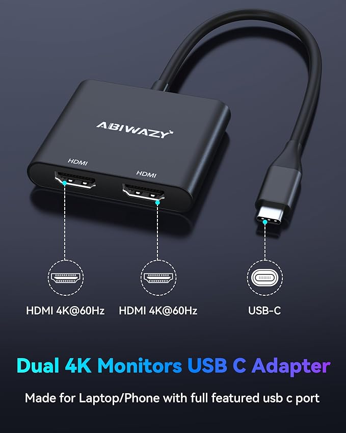 USB C to Dual HDMI Adapter 4K@60Hz, HDMI Splitter for Dual Monitors Extend Display, USB C HUB Multi Monitor Adapter to 2HDMI Ports Converter for Dell XPS 13/15,HP,Lenovo, Surface Type C Laptop(Black)