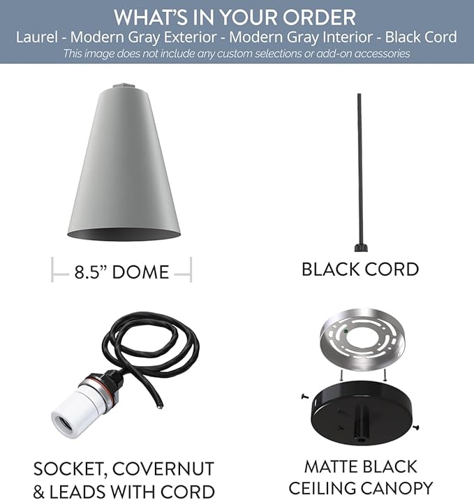 Steel Lighting Co. Laurel Pendant Light | Ceiling Mounted | 8.5 inch Cone Shade | Modern Contemporary Farmhouse Style Made in America | Black Cord | Modern Gray Exterior/Modern Gray Interior
