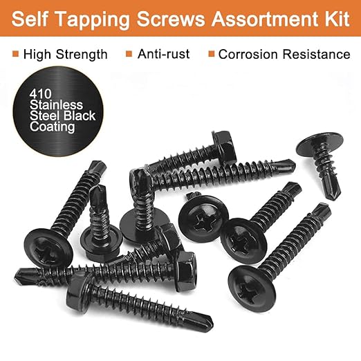 410 Stainless Steel #8Self Tapping Screws Assortment Kit 410PCS,Self Drilling Modified Truss Head & Hex Washer Head Sheet Metal TEK Screws 1/2" to 1-1/4'' (1, Black, Hex Head & Truss Head 410 pcs)