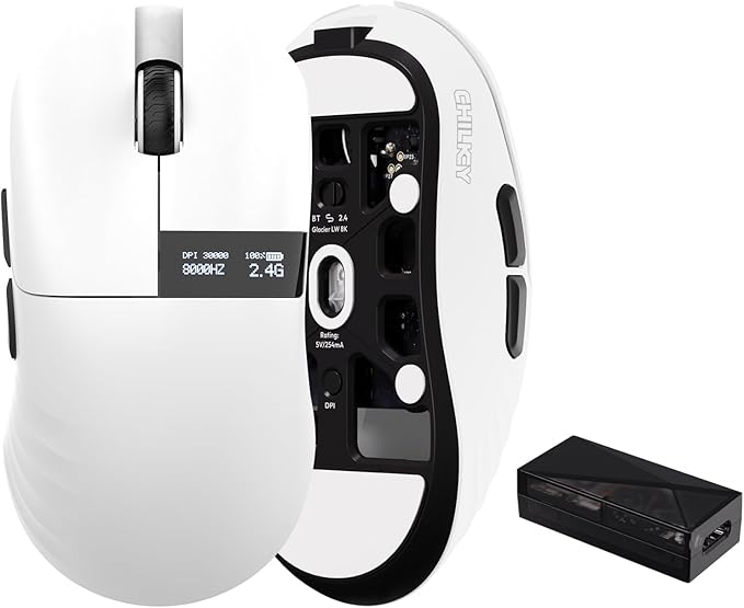 Chilkey Glacier LW 8K M Wireless Gaming Mouse with Screen - 49g Super Lightweight - Dual 8K Polling - Maximum 30000 DPI - Optical Switch - Tri-Mode 2.4G/USB-C/Bluetooth 5.2 - White
