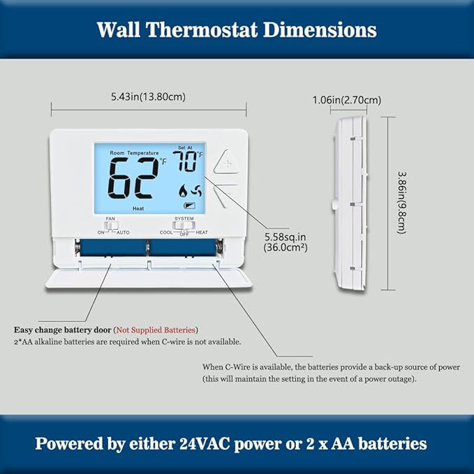 NonProgrammable Thermostat for Home, Digital Energy-Saving Thermostat,Single-Stage Systems, 1 Heat/1 Cool, Easy DIY Install,White Backlight