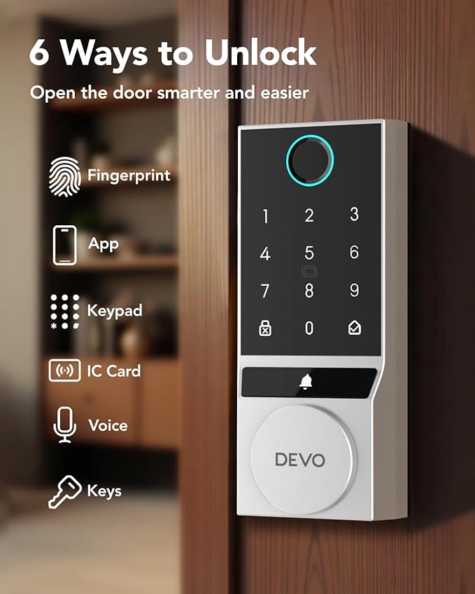 Devo G3 Fingerprint Smart Door Lock, Keyless Entry Door Lock, App Control, Smart Locks for Front Door, Smart Deadbolt Lock, Built-in Wi-Fi, Touchscreen Keypad, 8 Months Battery, IP54 Waterproof