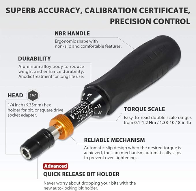 FIRSTINFO H5178 Precision Certified Torque Limiting Screwdriver, 1/4 Inch Hex Quick Release Bit Holder, 0.1-1.2 Nm/1.33-10.18 In-lb with Double Scale