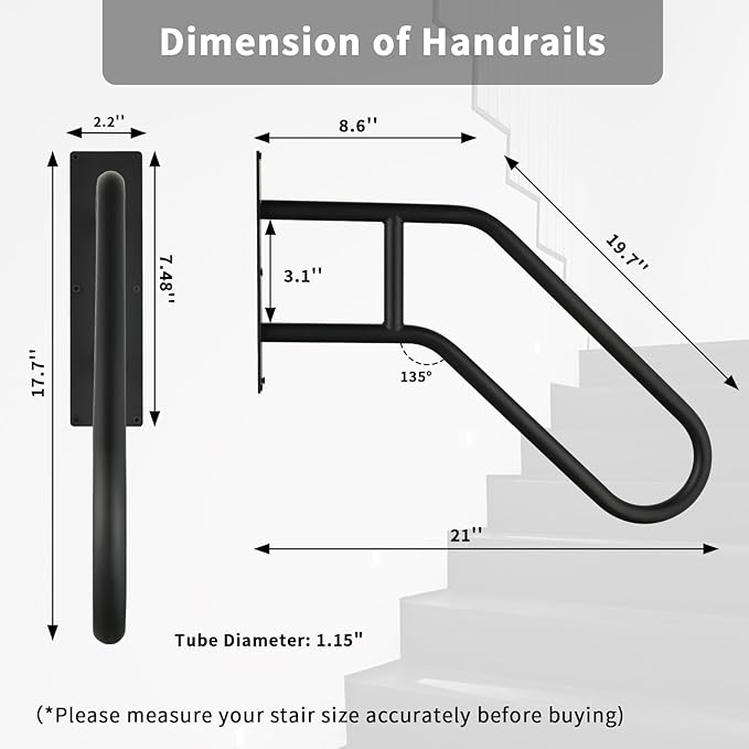 2- Pack Outdoor Handrail for Stairs and Deck - Adjustable Aluminum Stair Railing with Anti-Slip Grip, Heavy Duty Exterior Handrail for Steps, Porch, Elderly Safety -Black