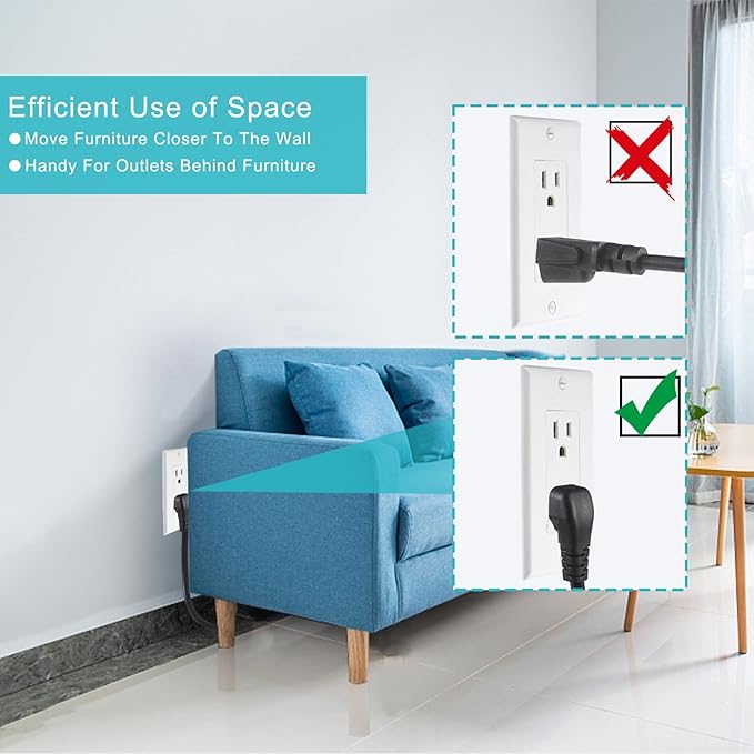 SPARKING Flat Wall Plug Short Grounded Extension Cord - 1.5FT Black Flat Plug Short 3Prong Power Extension Cord, 16AWG SJT 125V 13A AC Right Angle Low Profile Plug Appliance Extender Cord [2 Pack]