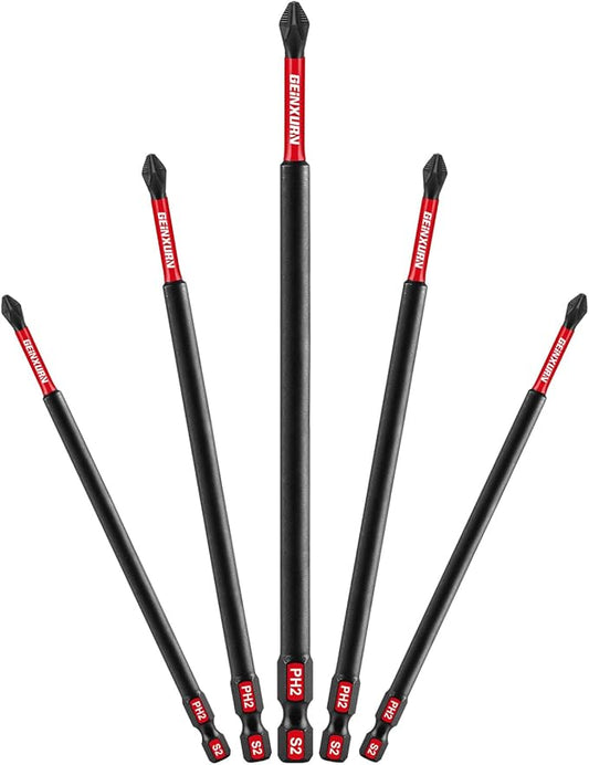 Impact Tough #2 Phillips 6 in. Anti-slip Head Insert Driver Bits,5Pack 1/4 Inch Hex Shank Long Cross Magnetic PH2 Screwdriver Bits Set