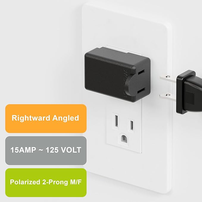 Right Angle Adapter,2-Prong 90 Degree Rightward Angled AC Adapter, Polarized 2-Prong L Type Adapter, Vertical Right Angled Down Angle Power Adapter, PA-0503B Black Color