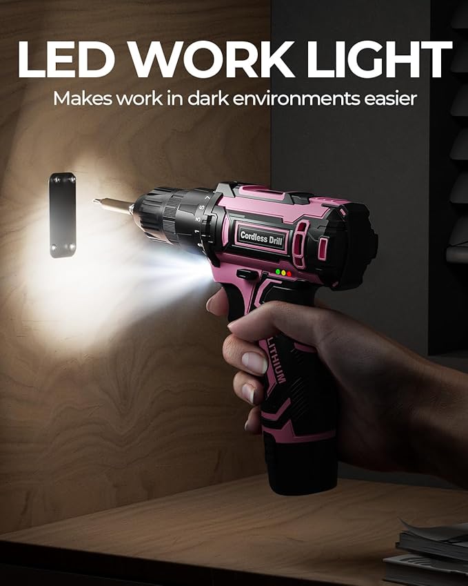 Pink Cordless Drill Set, Electric Power Drill for Women, Lightweight Electric Screwdriver Driver with Battery & Charger, 3/8" Keyless Chuck, Womens Tool Kit for Home DIY Projects