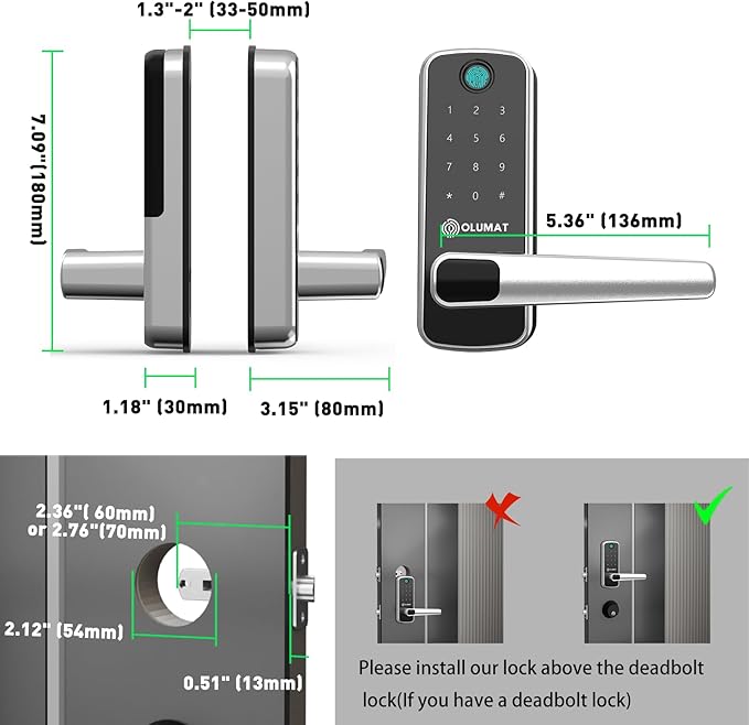 Smart Door Lock with Handle: Olumat Keyless Entry Door Lock with WiFi Gateway - Smart Locks for Front Door with Keypad - Fingerprint Lock