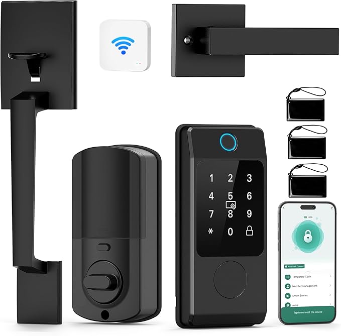 WiFi Front Door Lock Set - Miuedo Keyless Entry Door Locks Handle Set, Fingerprint Smart Alexa Keypad- Smart Deadbolt Lock with Handle Latch - WiFi Access Bluetooth APP-Black