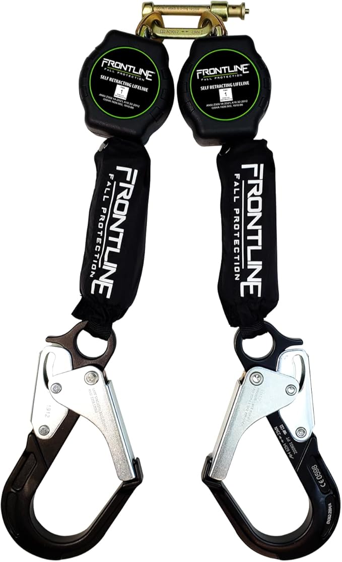 Frontline RPA062RA 6' Aramid Web Twin Leg SRL with Aluminum Rebar Hook Ends | 310 lbs Capacity | Lightweight & Durable | Aramid Fiber Webbing | ANSI & OSHA Compliant | ISO Lab Tested