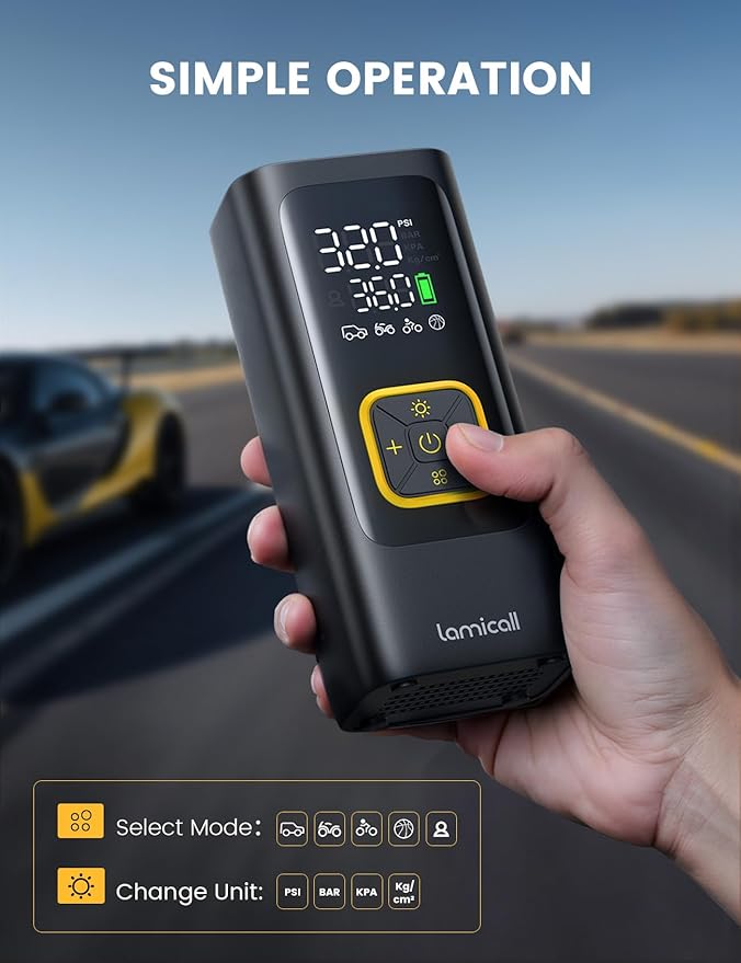 Tire Inflator Portable Air Compressor - Lamicall [4X Faster][150 PSI] Car Bike Air Pump with Rechargeable Battery, Digital Display Pressure Gauge, LED Light, Cordless Pump for Cars, Motorcycle, Ball