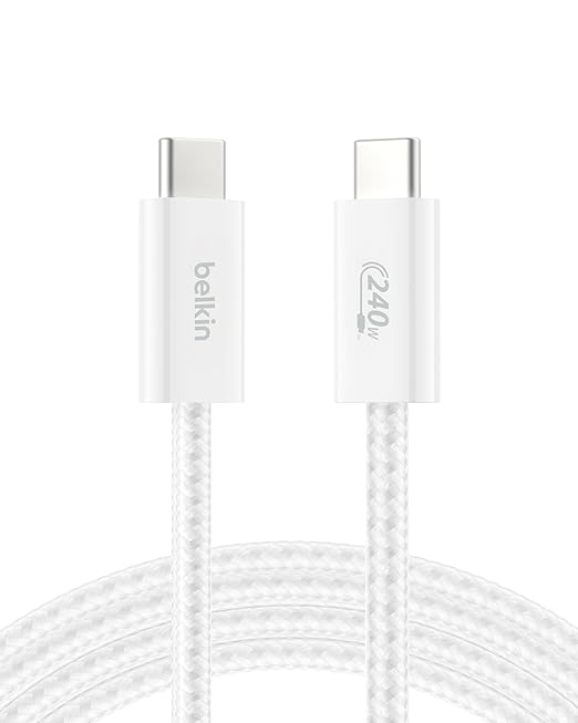 Belkin USB C to USB C Cable, 6.6ft, 240W - Type C Charger, iPhone Charger Cord, Soft, Braided, Flexible for iPhone 16, Galaxy S25, Pixel 9, MacBook, Chromebook, iPad Pro, Switch Steam Deck – White