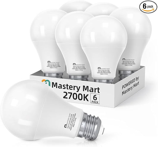 MASTERY MART A19 LED Bulbs 60 Watt Equivalent, 9W Non-Dimmable, Flicker-Free, 800 Lumens, Soft White 2700K, E26 Base, 10000 Hours, Energy Saving, Bright for Living Room, Bedroom, 6 Pack