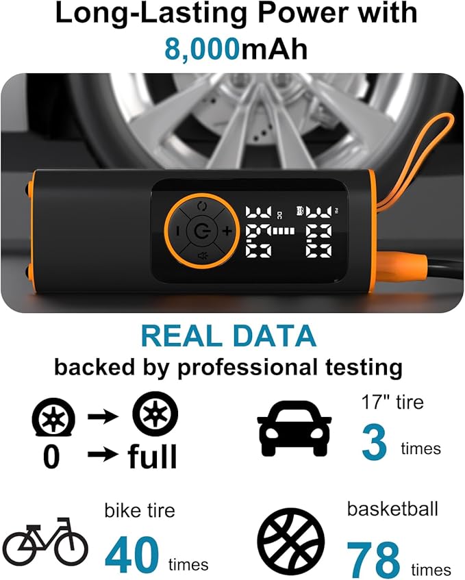 150PSI Tire Inflator Portable Air Compressor - [Backup Power Design] 8000mAh Air Pump with Digital Pressure Gauge & Emergency Light, Auto Shut-Off Air Pump for Car, Moto, Bike, Ball, etc