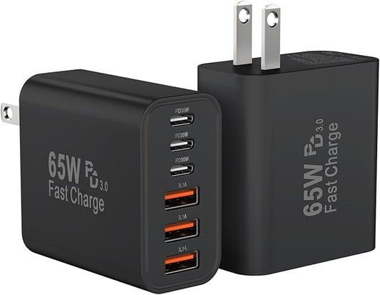 USB C Charger Block, 65W USBC Wall Charging Blocks 6-Port PD & QC Power Adapter Multiport Type C Fast Chargers Plug Cube Brick for iPhone 16/15/14/13/12/Pro Max,iPad Pro,Samsung Galaxy S25 Black