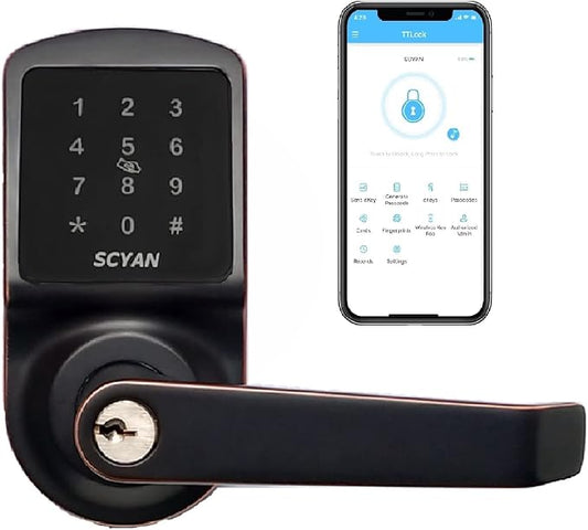 Smart Door Lock, Keyless, Fingerprint, SCYAN X2 Handle Lock with Touchscreen Keypad Access, Auto Locking, for Home, Office, Airbnb, Rental House, Aged Bronze