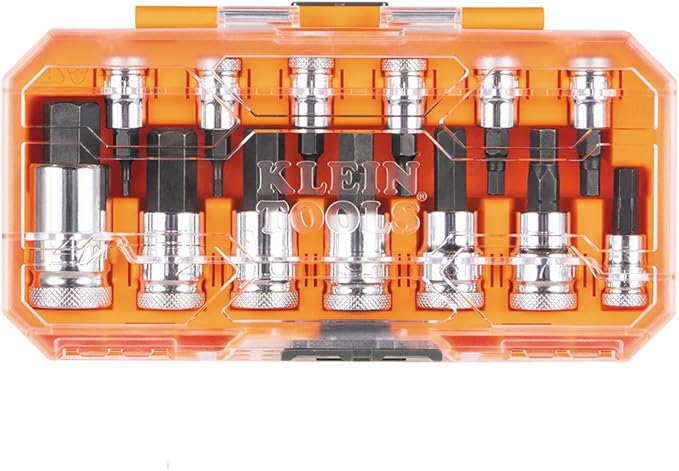 Klein Tools 65213HEXM Knurled Hex Bit Metric Socket Set, 1/4, 3/8 and 1/2-Inch Drives, Premium Cr-V Steel, Metric Sizes 2 mm to 14 mm, MODbox Case, 13-Piece