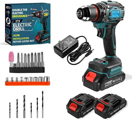 Cordless Drill Set, 21V Cordless Power Drill/Driver Set, 2 Variable Speeds with LED Light, 3/8" Keyless Chuck, 2 Batteries & Charger, 28-Piece Kit for Home Use(Blue)