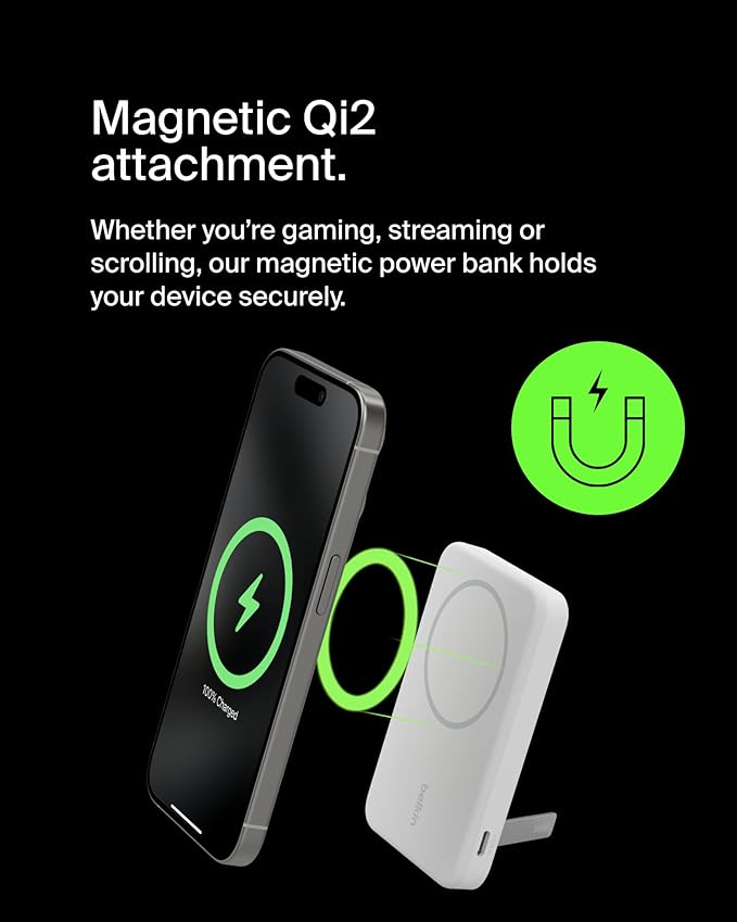 Belkin Portable Charger, Wireless Power Bank 15W 5000 mAh w/ Qi2 - MagSafe Charger w/Built-in Pop-up Kickstand - Compatible w/iPhone 16, 15, 14, 13, Plus, Pro, Max, Google Pixel 10, etc. - White