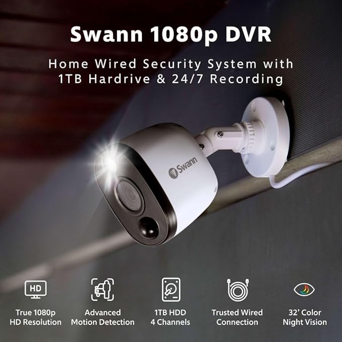 Swann Home/Business Wired DVR, 1080p Full HD Security Camera System, 8 Channels, 4 Cameras Indoor/Outdoor, 1TB HDD Storage, Color Night Vision, Sensor Spotlights, 24/7 Recording