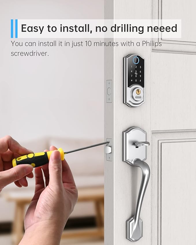 Smart Front Door Lock Set: SMONET Keyless Entry Door Lock with Handle, Front Handle Set Fingerprint Smart Deadbolt Bluetooth Electronic Digital Keypad, Alexa Unlock Silver