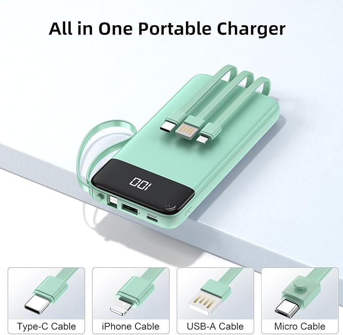 Portable Charger 10000mAh Power Bank with Built-in Cable, 5 Output 2 Input Travel Essential External Battery Pack with LED Display Compatible with iPhone 16/15 Samsung S22 Android,etc