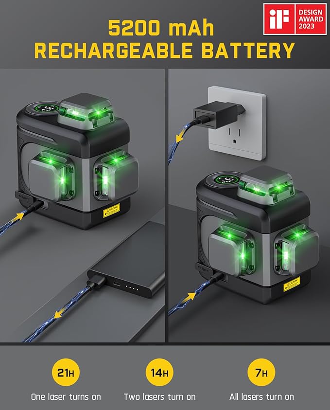 Fanttik D12 PRO Laser Level 3 x 360°, Self-Leveling Cross Line Laser with LED Screen, 3D Green Cross Line, 5200 mAh Battery Rechargeable, Pulse Mode, Magnetic Support